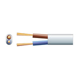 Mercury 2 core oval mains cable with brown and blue stranded copper conductors in a white PVC sheath, shown with cross-section detail on a white background.
