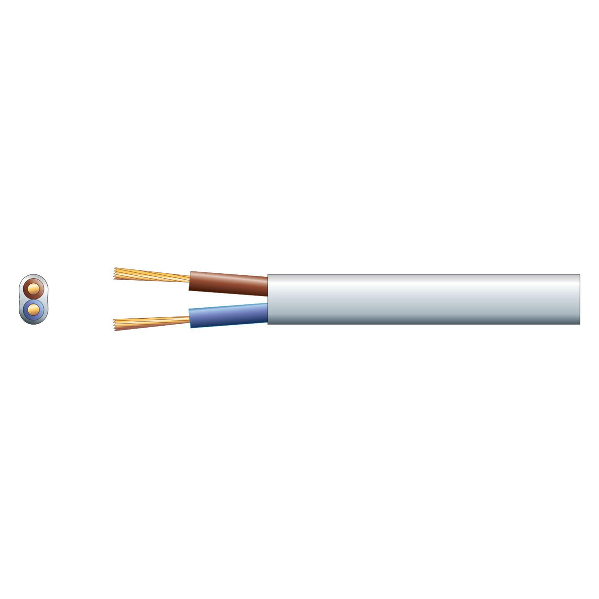 An illustration showcases the Mercury 2 Core Oval Mains PVC cable, featuring a flexible white PVC sheath. The cable contains two exposed wires with brown and blue insulation. An end view displays the wire tips, making it suitable for light electrical applications.