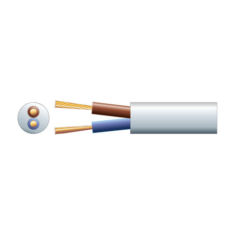 Mercury 2 core round mains cable in white PVC sheath, shown with cut end exposing brown and blue insulated copper conductors and cross-section view.