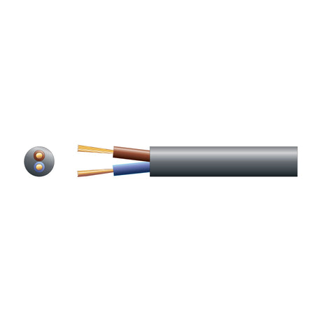 Mercury 2 core round mains cable in black with 0.75mm² brown and blue stranded copper conductors, shown with cross-section on a white background.