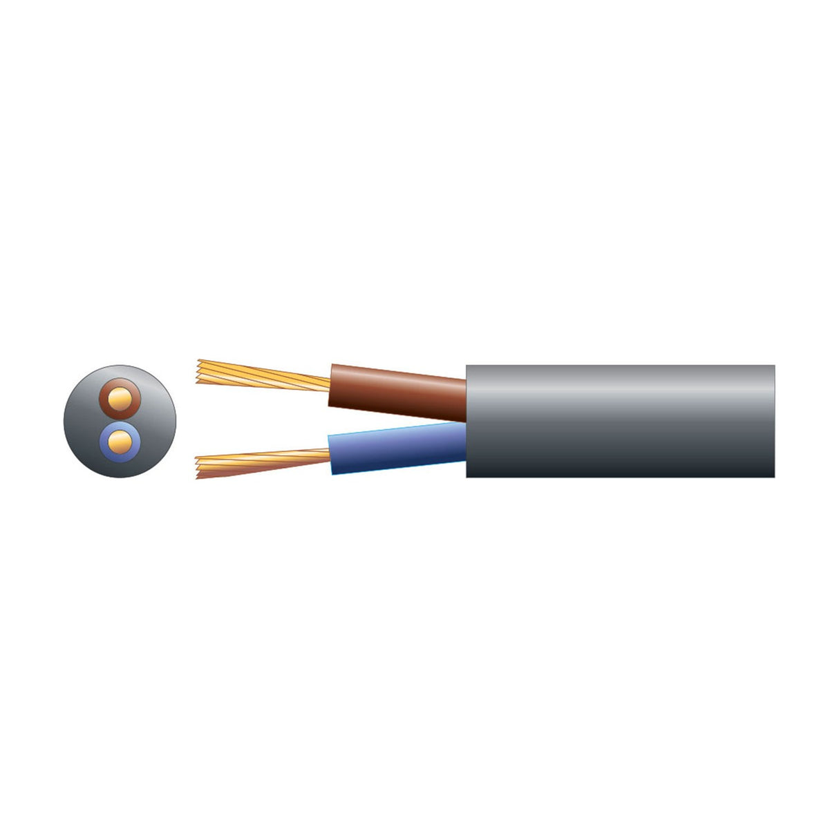 Mercury 2 core round mains cable in black with 0.75mm² brown and blue stranded copper conductors, shown with cross-section on a plain background.