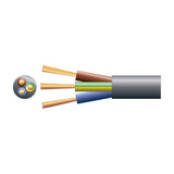 Cutaway diagram of AVSL Mercury Round 3 Core Black Mains Cable showing brown, blue and green/yellow PVC-insulated copper conductors within the black sheath.