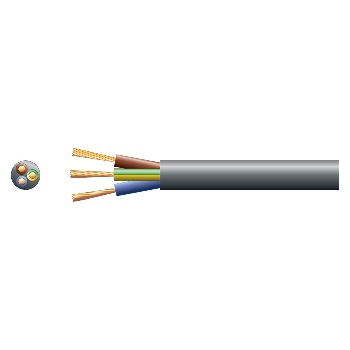 The Mercury 3 Core Round Mains PVC cable, featuring a robust black PVC sheath, is depicted in cross-section to display three colored wires within: yellow, brown, and blue. The cable is cut open to reveal the copper strands inside, which are crucial elements for premium electrical equipment functionality.