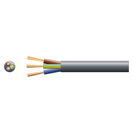 The Mercury 3 Core Round Mains PVC cable, featuring a robust black PVC sheath, is depicted in cross-section to display three colored wires within: yellow, brown, and blue. The cable is cut open to reveal the copper strands inside, which are crucial elements for premium electrical equipment functionality.