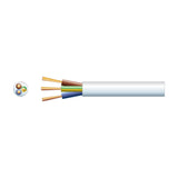 Mercury 3 core round mains cable in white PVC with exposed brown, green/yellow and blue stranded copper conductors and cross-section on white.