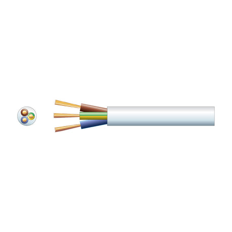 Mercury 3 core round mains cable in white PVC with exposed brown, green/yellow and blue stranded copper conductors and cross-section on white.