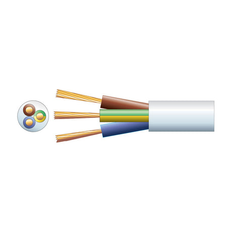 Mercury 3 core round mains cable in white PVC with exposed brown, green/yellow and blue stranded copper conductors, shown with cross-section view.