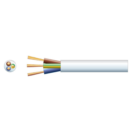 Illustration of a cross-section of the Mercury 3 Core Round Mains PVC cable, featuring three colored wires inside—brown, blue, and yellow-green. The wires are exposed on one end, revealing copper strands encased in a durable PVC sheath. This cable is ideal for various electrical applications and comes in a 100m length with a white exterior.