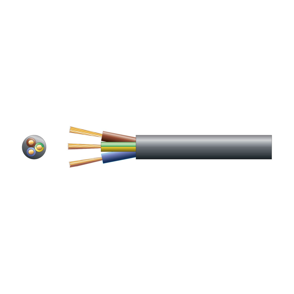 Mercury 3 core round mains PVC cable in black with exposed brown, blue and green/yellow copper conductors, shown in cross-section on a white background.