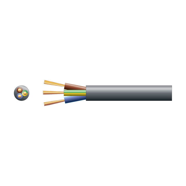 Mercury 3 core round mains PVC cable in black with exposed brown, blue and green/yellow copper conductors, shown in cross-section on a white background.