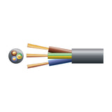 Mercury 3 core round mains PVC cable in black with brown, blue and green/yellow conductors, exposed copper strands and cross-section view on white.