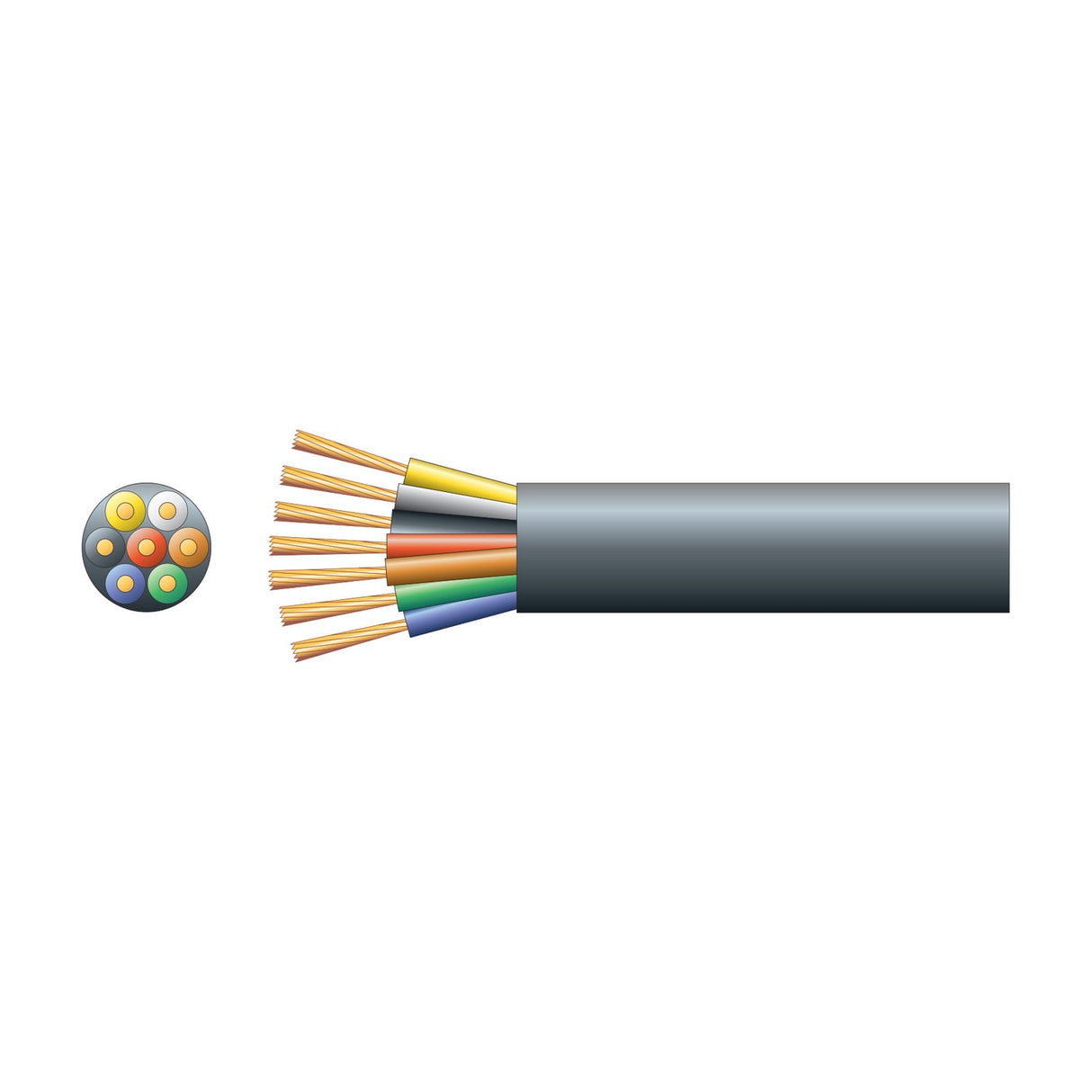Mercury 7 core trailer cable by AVSL with black PVC sheath cut away to reveal seven colour-coded stranded copper cores, shown with cross-section view.