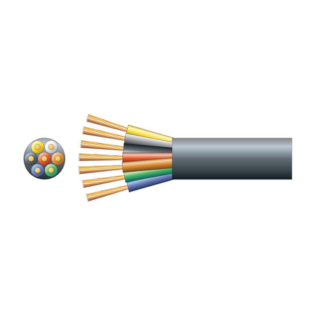 Mercury 7 core trailer cable by AVSL shown in cutaway with colour-coded insulated cores, exposed copper strands, black PVC sheath and cross-section view.