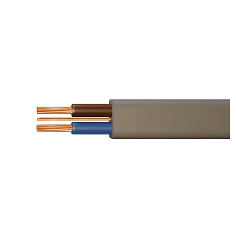 A close-up of the Mercury 6242Y Twin & Earth Cable 1.0mm - 25m shows its end exposed, revealing one brown and one blue copper wire, commonly used for domestic fixed wiring.