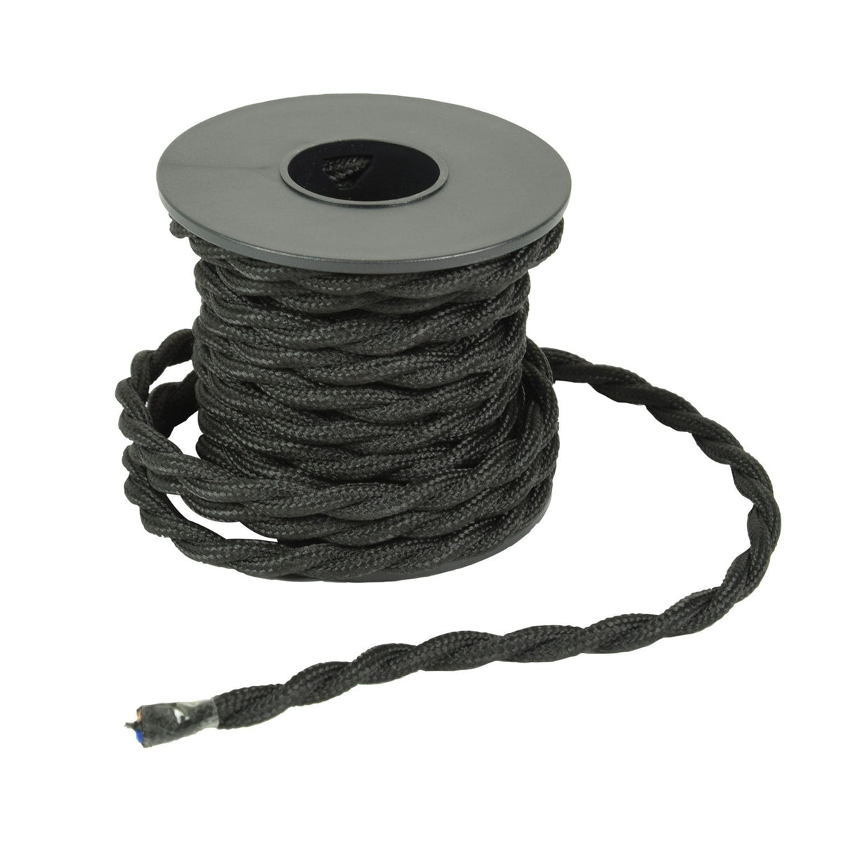 A spool of thick, black braided cable with one loose end unraveled and coiled neatly at the base. The LYYT Deco 2 Core Braided Cable 5m features a central hole and appears to be made of plastic or a similar material, reminiscent of those used in vintage-style pendant lights.