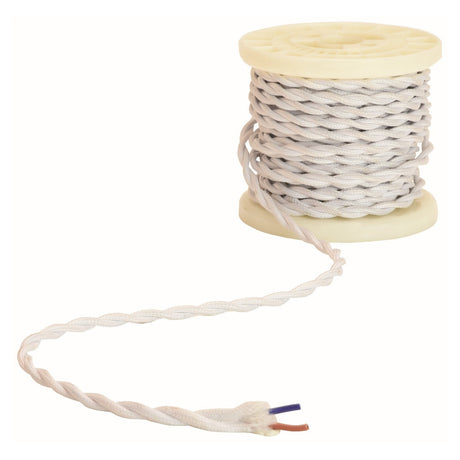 The LYYT Deco 2 Core Braided Cable 5m in white coils neatly on a beige reel, featuring exposed blue and brown wires at the end, making it ideal for adding an antique touch to vintage pendant lights.