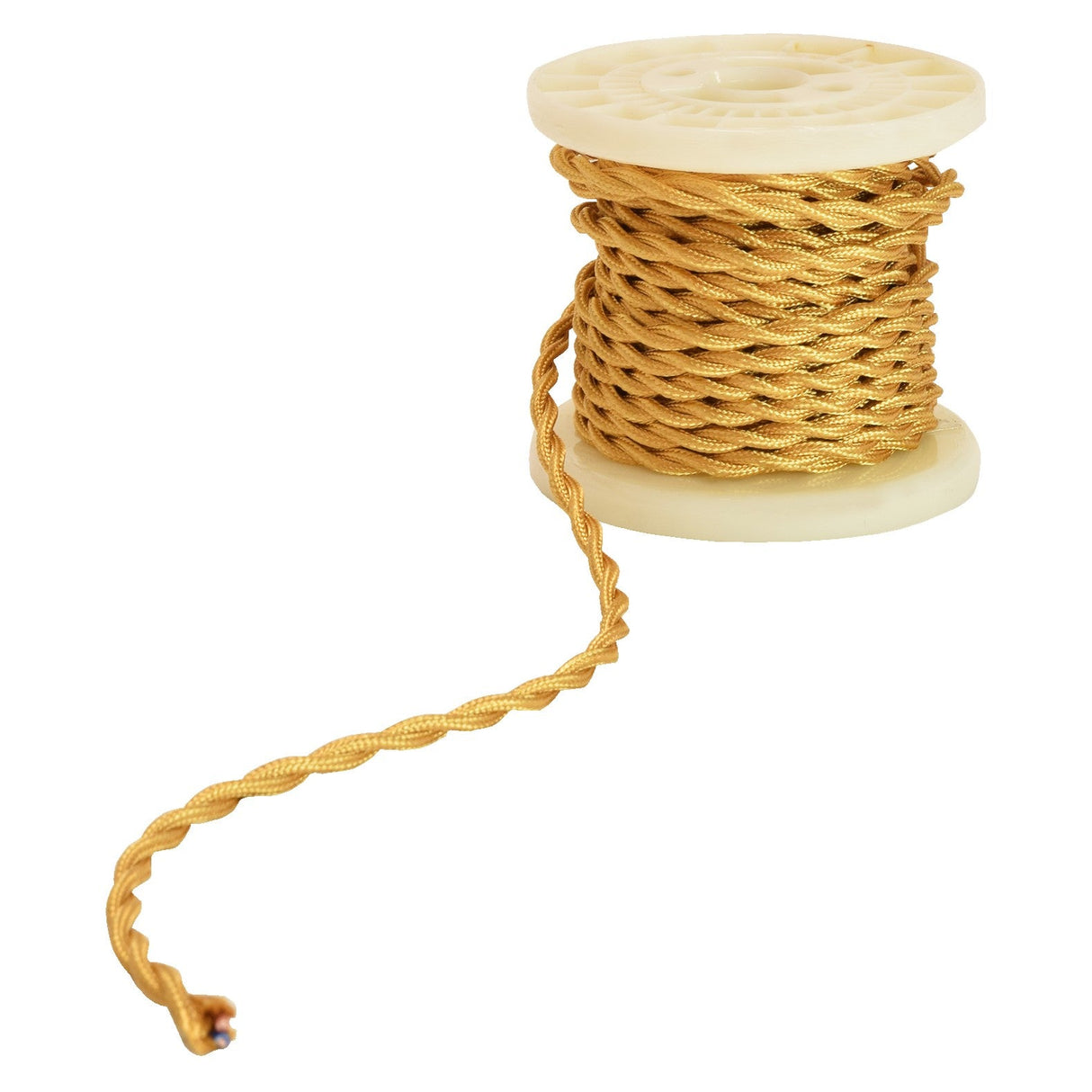 A spool of LYYT Deco 2 Core Braided Cable in gold, with some unwound, is perfect for creating vintage-style pendant lights and is neatly coiled around a beige reel.