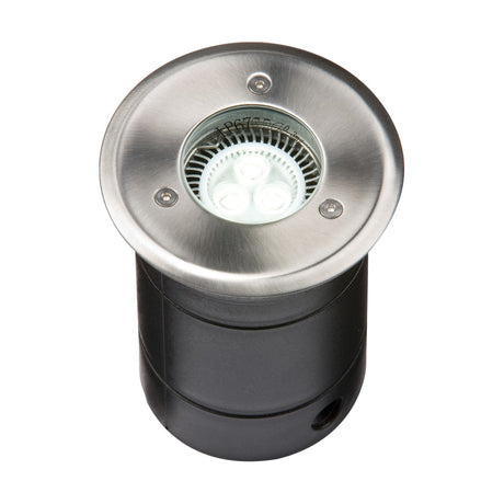 Introducing the Outdoor Drive Over Ground Light Stainless Steel: a round, stainless steel ground light with a black cylindrical base and three visible LED bulbs. This IP67-rated LED lamp is ideal for outdoor use, making it perfect for illuminating pathways or enhancing garden lighting.