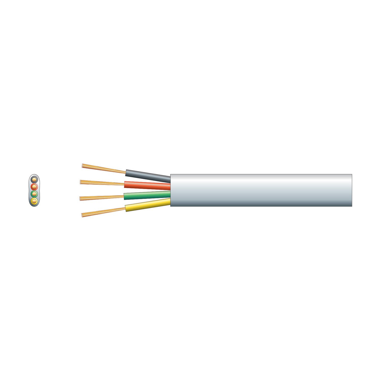 AVSL Mercury 4 core flat telephone data cable in white PVC with exposed black, red, green and yellow copper cores and cross-section on white.