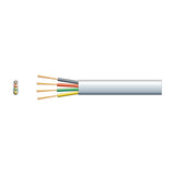 AVSL Mercury 4 core flat telephone data cable in white PVC with exposed black, red, green and yellow copper cores and cross-section on white.
