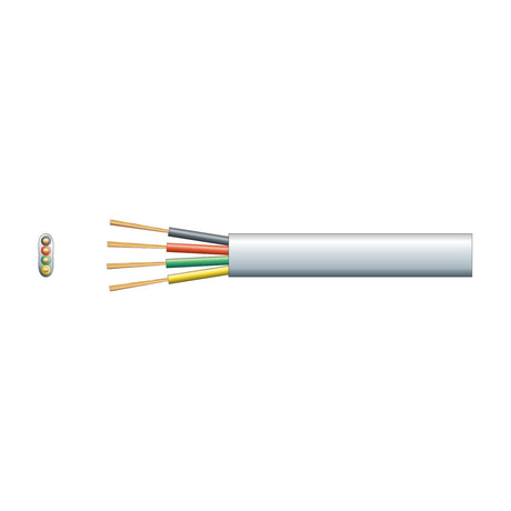 AVSL Mercury 4 core flat telephone data cable in white PVC with exposed black, red, green and yellow copper cores and cross-section on white.