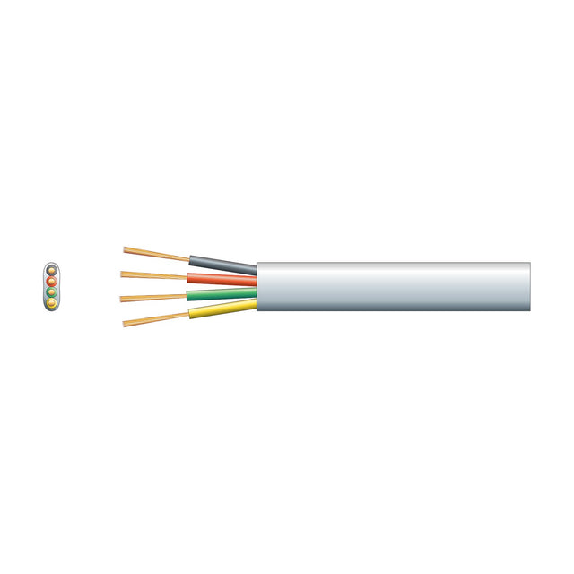 AVSL Mercury 4 core flat telephone data cable in white PVC with exposed black, red, green and yellow copper cores and cross-section on white.