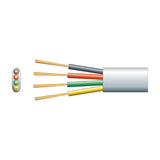 Mercury 4 core flat telephone data cable by AVSL with white PVC sheath, showing black, red, green and yellow copper cores and cross-section view.