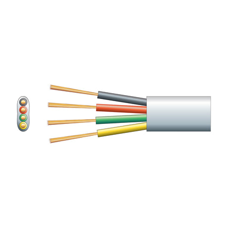 Mercury 4 core flat telephone data cable by AVSL with white PVC sheath, showing black, red, green and yellow copper cores and cross-section view.