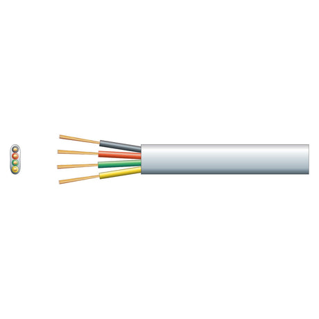 Illustration of a cross-section of the Mercury 4 Core Flat Telephone/Data Cable, showing exposed copper conductors. This cable, similar in appearance to a traditional telephone cable, features brown, black, gray, and green/yellow insulated wires extending from its silver outer sheath.