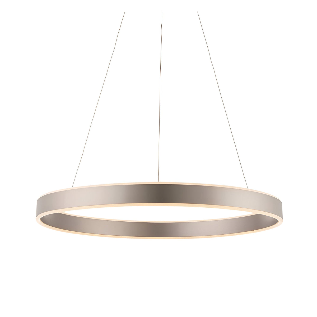 Bramford Pendant in matt nickel with a slim circular ring fitting and frosted white diffuser, suspended on thin cables against a plain white background.