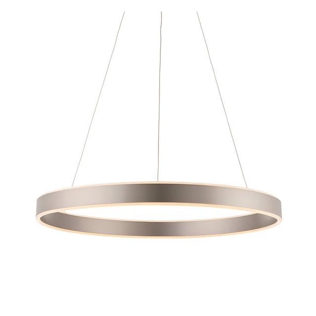 Bramford Pendant in matt nickel with a slim circular ring fitting and frosted white diffuser, suspended on thin cables against a plain white background.