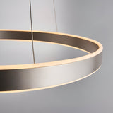 Bramford Pendant in matt nickel, close-up of the slim circular ring fitting with a frosted diffuser glow, suspended on thin cables.