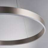 Close-up of the Bramford Pendant ring light in brushed nickel with a white frosted diffuser edge, suspended on a thin cable against a plain grey background.