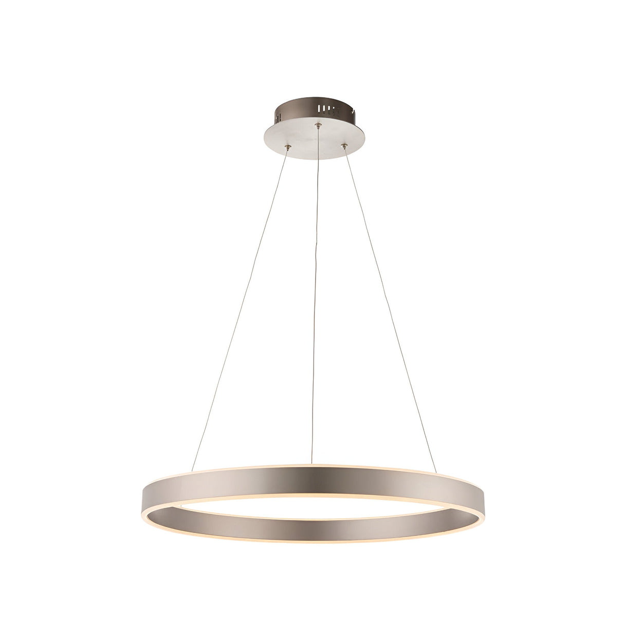 Bramford Pendant in matt nickel, a large ring-shaped LED light suspended by thin cables from a round ceiling plate, shown on a plain white background.