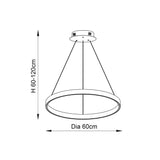 Technical line drawing of the Bramford Pendant in nickel and white, showing a circular ring suspended from three cables, sized 60-120cm high and 60cm diameter.