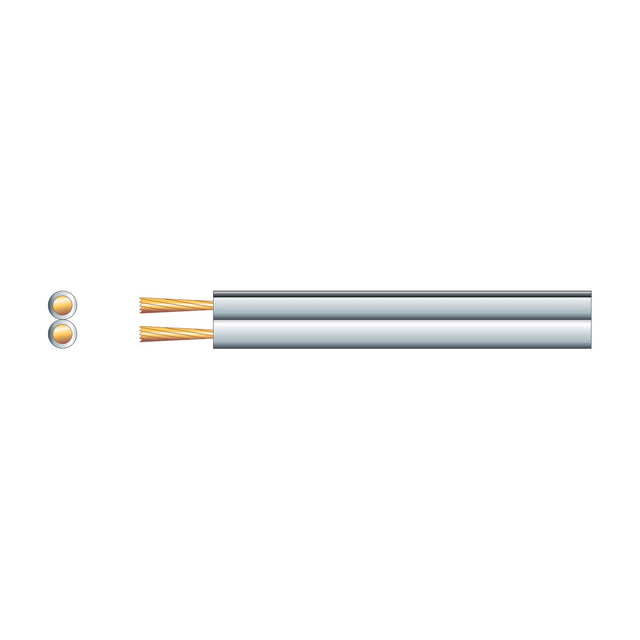 Mercury 2 x 42 OFC figure 8 speaker cable in white with exposed copper strands and cross-section view showing twin cores, shown on a plain background.