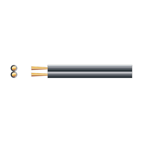 Mercury Figure 8 black OFC speaker cable shown in side profile with two parallel cores and a cross-section view exposing the copper strands.