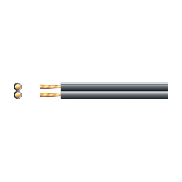 Mercury Figure 8 black OFC speaker cable shown in side profile with two parallel cores and a cross-section view exposing the copper strands.
