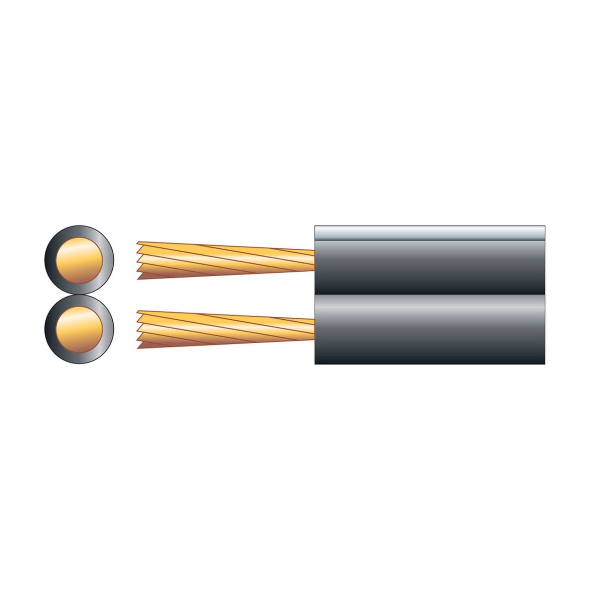 Cross-section diagram of Mercury Figure 8 two-core OFC speaker cable in black, showing exposed copper strands and parallel bonded profile on a white background.