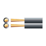 Cross-section diagram of Mercury Figure 8 two-core OFC speaker cable in black, showing exposed copper strands and parallel bonded profile on a white background.