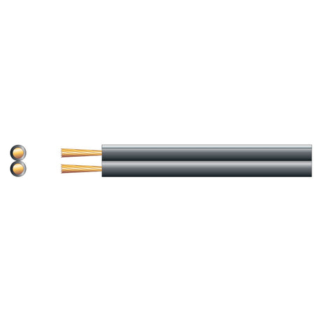 Illustration of the Mercury High Quality Figure 8 Speaker Cable, which features two copper conductors. The wire is displayed in a side view with pure oxygen-free copper strands exposed at one end, and an end view highlighting two circular conductors. This black-cased cable ensures high-quality audio transmission over its 100-meter length.