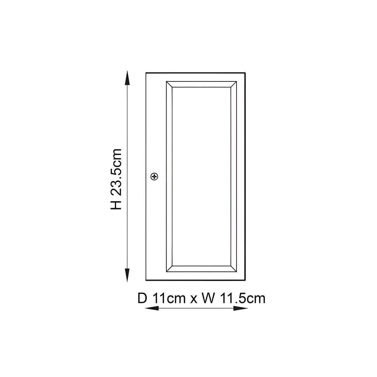 Dimension diagram of the Endon Castwick box lantern wall light showing height 23.5cm and base 11cm by 11.5cm on a white background.