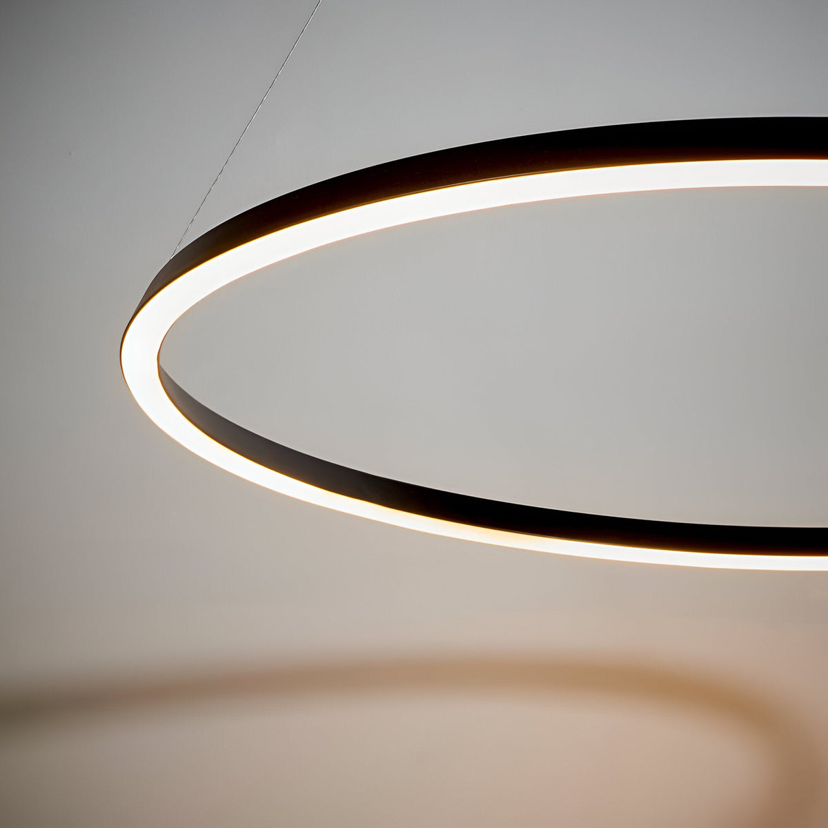 Cliffton LED Pendant in black and white, a large circular ring fixture with a glowing white diffuser, suspended by fine cables against a light grey background.