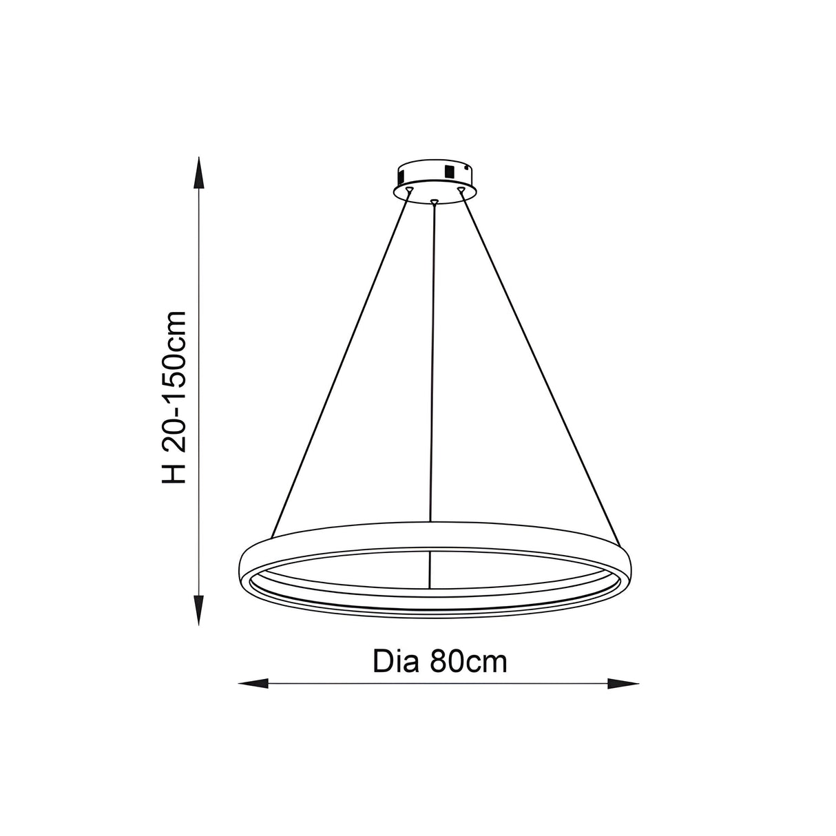 Line drawing of the Cliffton LED pendant showing a circular ring shade, 80cm diameter, suspended by three cables with adjustable drop from 20-150cm.