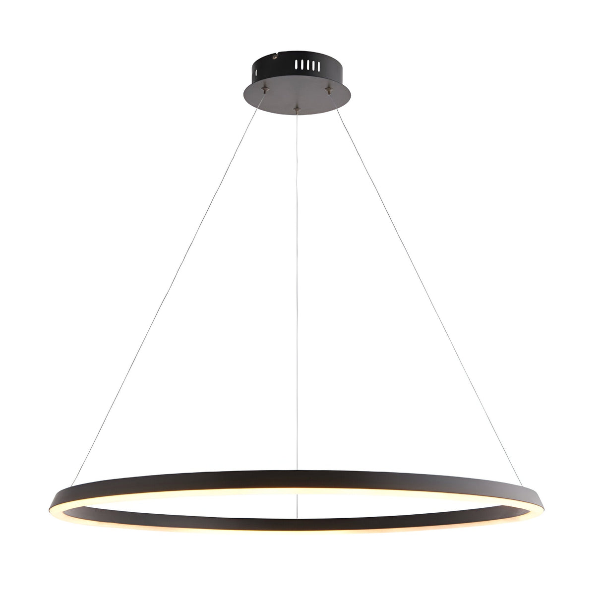 Cliffton LED pendant light: black ring-shaped fixture with white diffused underside, suspended on cables from a round ceiling canopy, on white background.