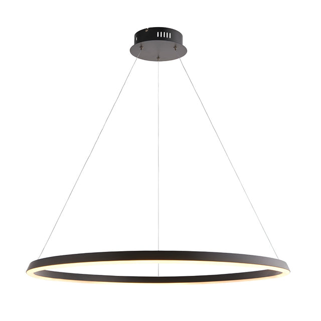Cliffton LED pendant light: black ring-shaped fixture with white diffused underside, suspended on cables from a round ceiling canopy, on white background.