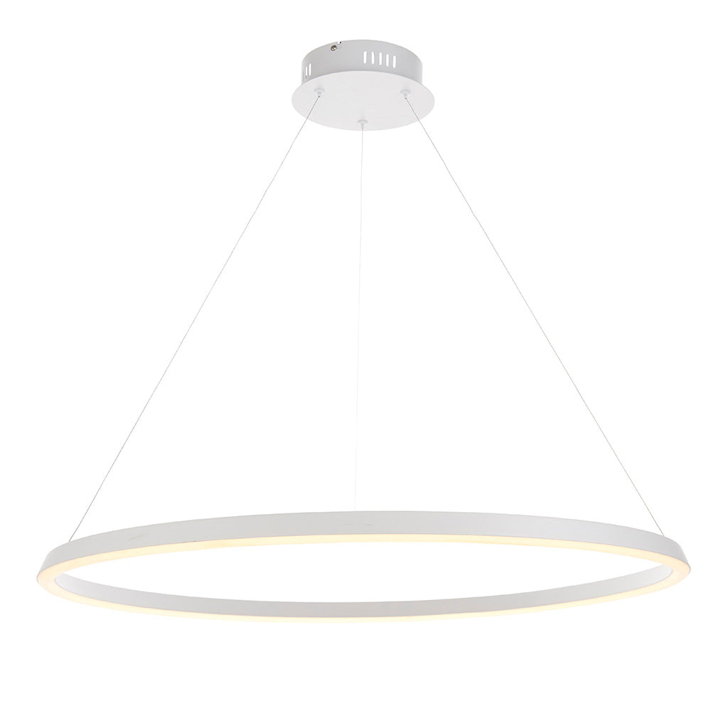 Endon Cliffton LED pendant in matt white, a large slim circular ring suspended from fine wire cables with a white ceiling rose, on a plain background.