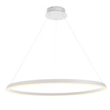 Endon Cliffton LED pendant in matt white, a large slim circular ring suspended from fine wire cables with a white ceiling rose, on a plain background.