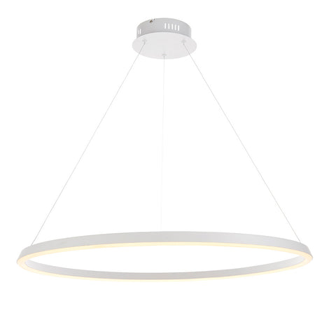 Endon Cliffton LED pendant in matt white, a large slim circular ring suspended from fine wire cables with a white ceiling rose, on a plain background.