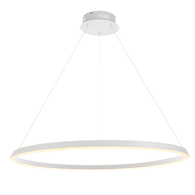 Endon Cliffton LED pendant in matt white, a large slim circular ring suspended from fine wire cables with a white ceiling rose, on a plain background.